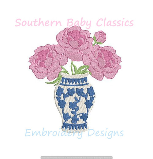 Ginger Jar Peonies Peony Flowers Chinoiserie Preppy Fill Machine Embroidery Design