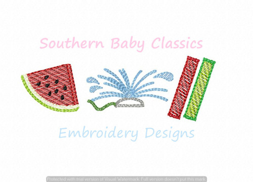 Backyard Fun in the Summer Light Sketchy Fill Machine Embroidery Design Ice Pop Watermelon Sprinkler