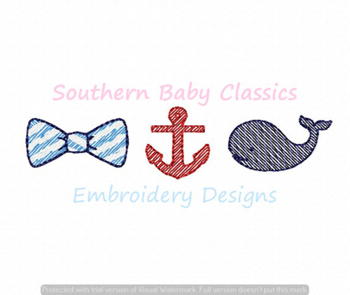 Preppy Boy Trio Light Sketchy Fill Machine Embroidery Design Bow Tie Whale Anchor Summer Beach