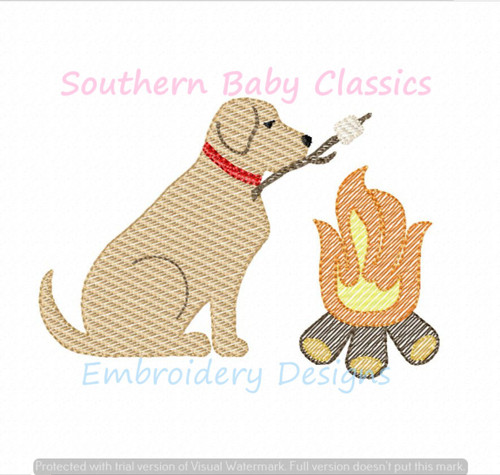 Camping Fire Smores Dog Camp Light Sketchy Fill Machine Embroidery Design Labrador Boy Girl