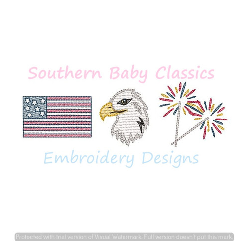 Patriotic Trio Flag Eagle Sparklers Light Sketchy Fill Machine Embroidery Design Fourth of July