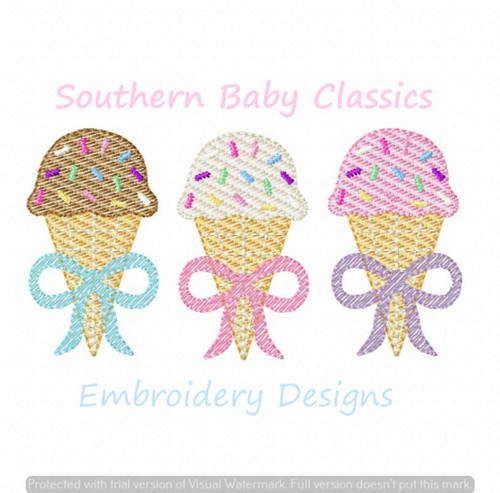 Sprinkles Bow Ribbon Ice Cream Cones Trio Light Sketchy Fill Machine Embroidery Summer Girl