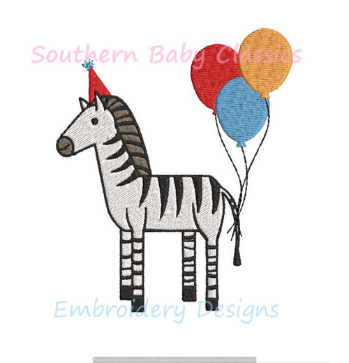 Party Zebra Fill Machine Embroidery Design Birthday Balloons Hat Zoo Jungle Party