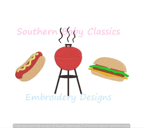 Summer Barbecue Grill Hamburger Hot Dog Trio Machine Embroidery Design BBQ Boy Girl Food