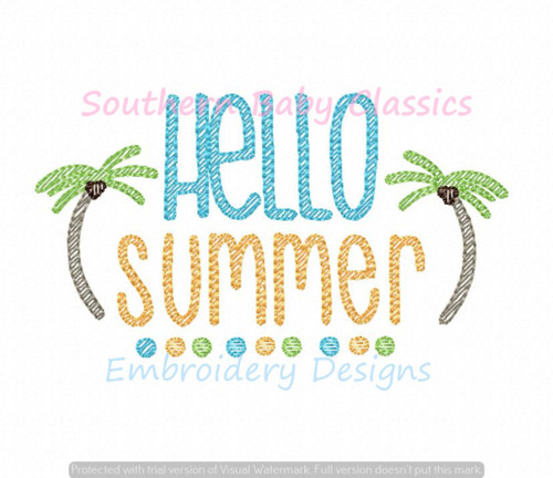 Hello Summer Word Art Palm Coconut Tree Light Sketchy Fill Machine Embroidery Design Boy Girl