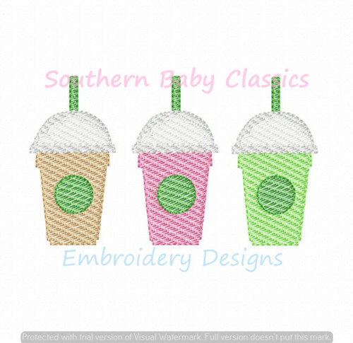 Iced Coffee Tea Trio Light Sketchy Fill Machine Embroidery Design Summer Coffees