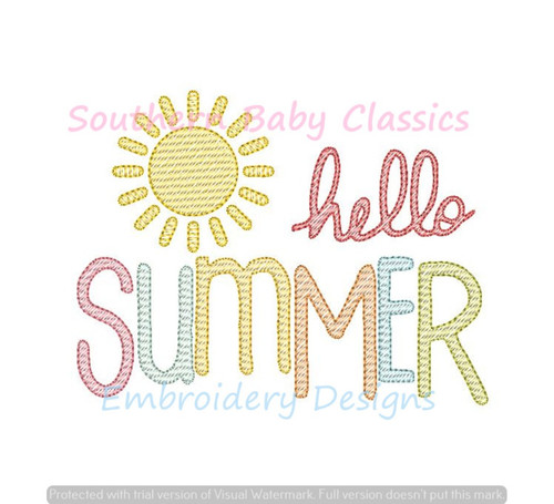 Hello Summer Sun Word Art Light Sketchy Fill Machine Embroidery Design Girl