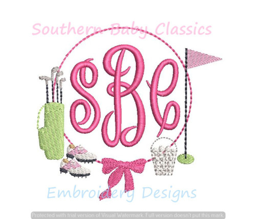 Golf Accessories Bow Girl Monogram Frame Machine Embroidery Design Preppy Golfing Ball Flag Clubs