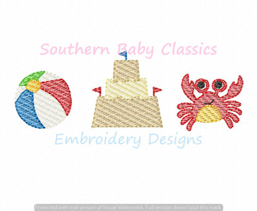 Beach Trio Crab Ball Sand Castle Light Sketchy Fill Machine Embroidery Design Summer