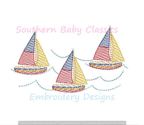 Sailboats Sail Boats Trio Three On Ocean Light Sketchy Fill Machine Embroidery Design Summer Preppy