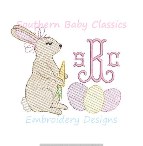 Easter Bunny Rabbit Girl with Carrots and Egg Light Sketchy Fill Machine Embroidery Design