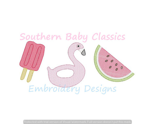 Summer Trio Girl Sketchy Light Fill Machine Embroidery Design Watermelon Flamingo Pool Float