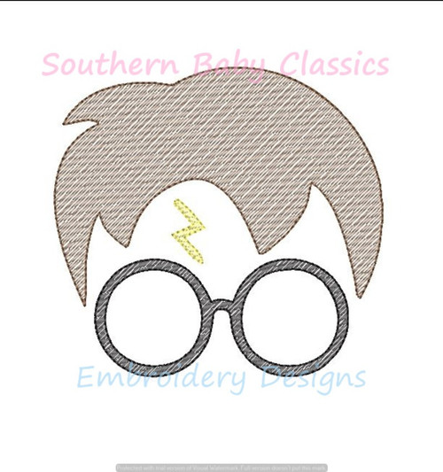 Wizard Boy with Scar and Glasses Light Sketchy Fill Machine Embroidery Design Character