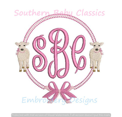 Double Lamb Lambs Bow Girl Sheep Easter Circle Monogram Frame  Machine Embroidery Design