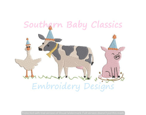 Birthday Farm Animals Cow Pig Duck Goose Party Invitation Animal Barn Machine Embroidery Design