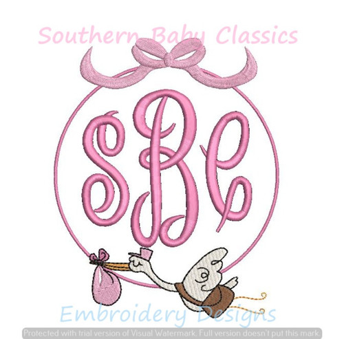 Stork Girl Bow Frame New Baby Shower Monogram Embroidery Design