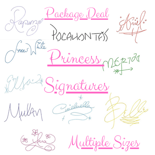 Princess Characters Signatures Names Autograph Package Deal Machine Embroidery Design