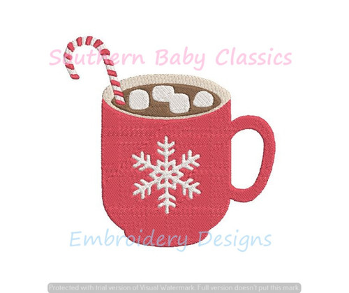 Mug Cup of Hot Chocolate Cocoa Christmas Snowflake Candy Cane Fill Mini Embroidery Design