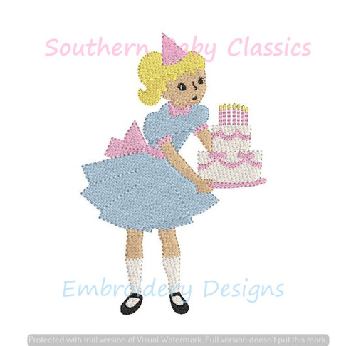 Vintage Birthday Party Girl Cake Fill Machine Embroidery Design