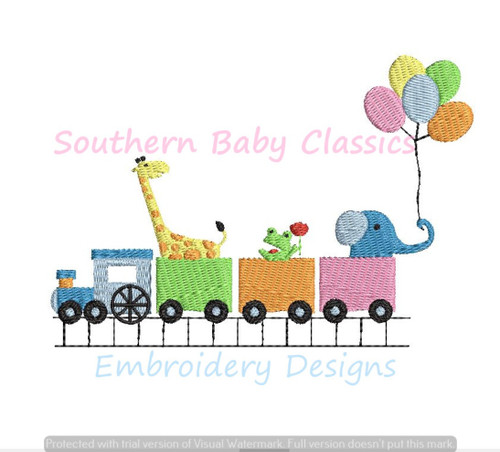 Birthday Party Train Zoo Animals Balloons Fill Machine Embroidery Design Girl Boy