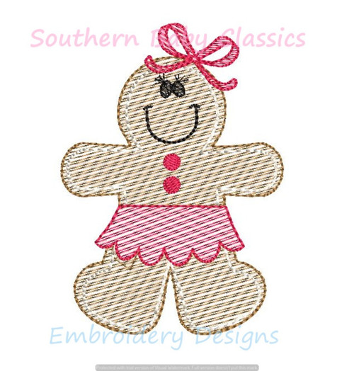 Christmas Gingerbread Girl Cookie Skirt Bow Sketchy Light Fill Machine Embroidery Design