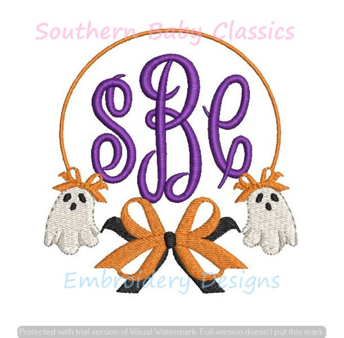 Ghost Girl Wearing Bow Halloween Circle Monogram Frame Machine Embroidery Design