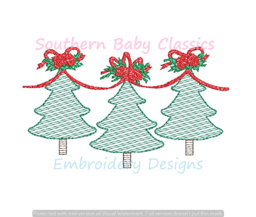 Christmas Flowers Floral Tree Connected By Bow Ribbon Light Sketchy Fill Machine Embroidery Design