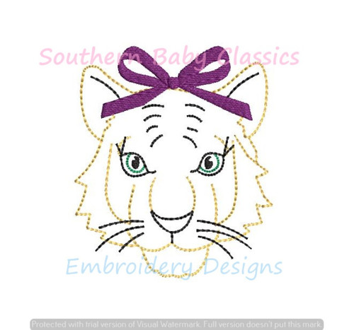 Tiger Girl with Bow Face Vintage Stitch Machine Embroidery Design Mascot Football Zoo Kingdom