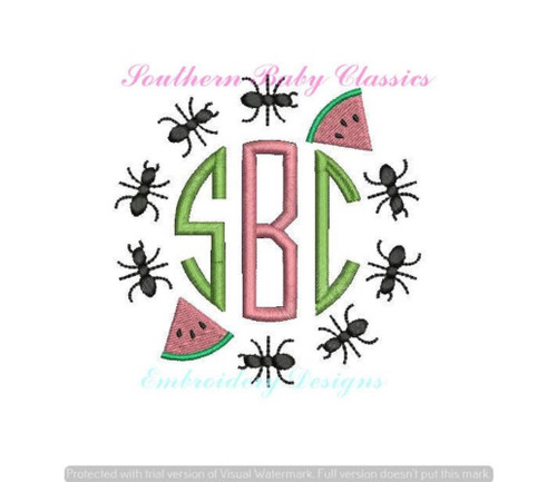 Watermelon Ant Circle Monogram Frame Picnic Summer Ants Machine Embroidery