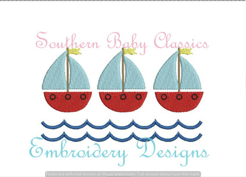 Sail Boat Sailboat Trio Ocean Waves Fill Machine Embroidery Design Preppy Boy