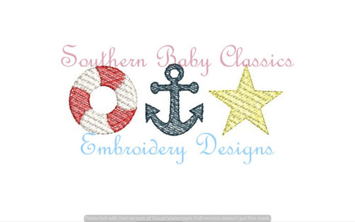 Nautical Sketchy Fill Machine Embroidery Design Star Life Preserver Anchor Cruise