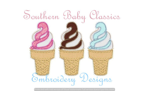 Soft Serve Softserve Ice Cream Cone Cones Trio Zig Zag Applique Machine Embroidery Design