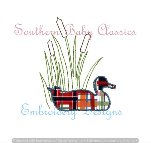 Duck Silhouette Zig Zag Applique Swimming Reeds Machine Embroidery Design Fall Hunt