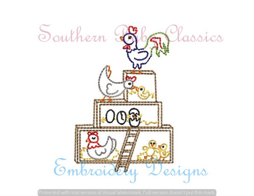 Chicken Coop Rooster Chicks Vintage Stitch Machine Embroidery Design Farm