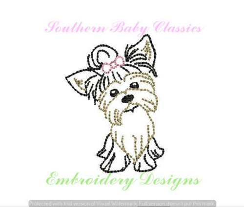 Yorkie Dog Girl with Bow Vintage Stitch Machine Embroidery Design