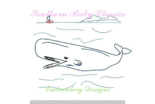 Whale Ocean Boat Scene Vintage Stitch Machine Embroidery Design Boy Summer