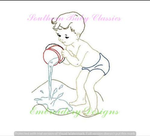 Vintage Beach Boy in Bathing Suit Pail Summer Vacation Machine Embroidery Design