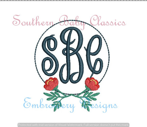 Poppy Flower Circle Monogram Frame Machine Embroidery Design