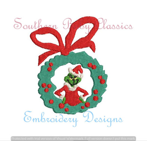 Christmas Grouch in Wreath with Bow Machine Embroidery Design