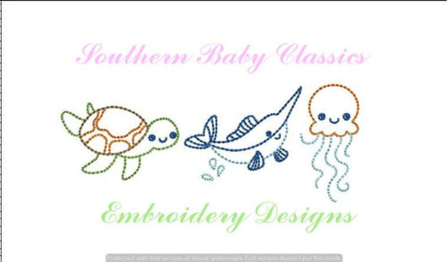 Sea Life Friends Trio Turtle Jelly Fish Marlin Fish Vintage Stitch Machine Embroidery Design