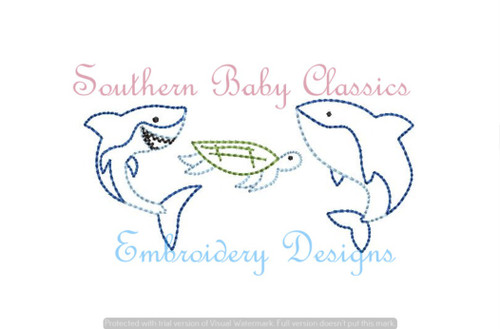 Sea Life Friends Trio Shark Turtle Whale Vintage Stitch Machine Embroidery Design