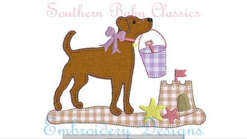 Girl Beach Dog Bow Pail Bucket Sandcastle Blanket Stitch Applique Machine Embroidery Design