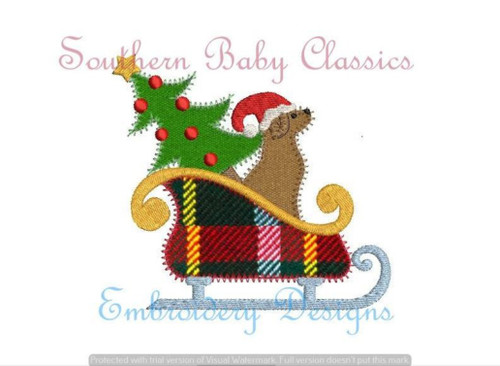 Dog Christmas Tree in Santa Sleigh Zig Zag Applique Machine Embroidery Design
