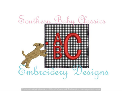 Puppy Dog Chasing Ball Square Monogram Frame Applique Machine Embroidery Design