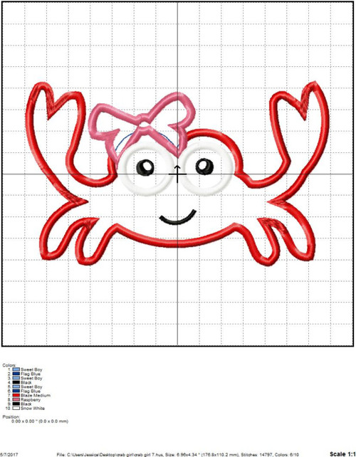 Crab Girl Satin Applique Machine Embroidery Design Summer