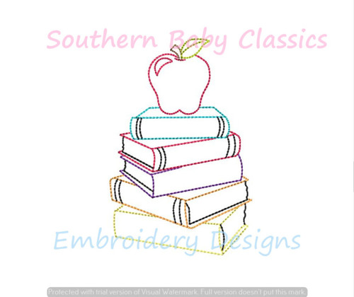 Stacked School Books With Apple Vintage Stitch Machine Embroidery Design Back to School