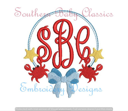 Bow Crab Monogram Frame Circle Machine Embroidery Design Summer Beach Vacation