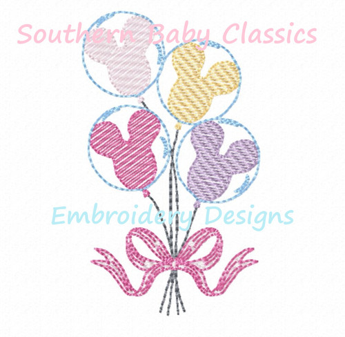 Mouse Girl Character Balloons With Bow Sketchy Fill Machine Embroidery Design Theme Park