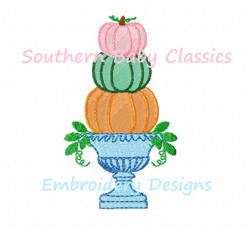 Stacked Pumpkin Topiary in Urn Planter Machine Embroidery Design Fall Halloween Autumn