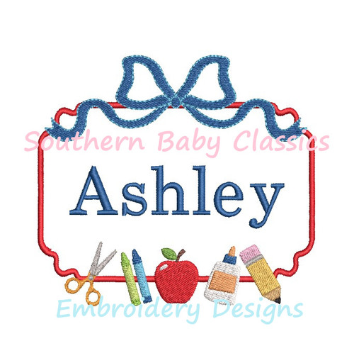 Rectangle Back To School Name Frame Girl Bow Machine Embroidery Design